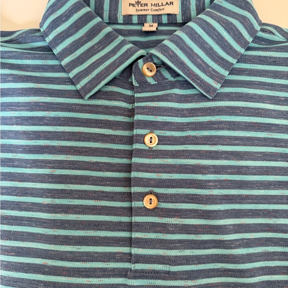 Peter Millar Blue and Green Polo Shirt Classic Stripes SZ M